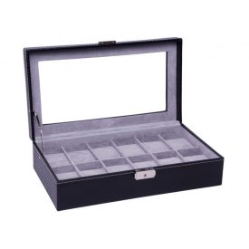   EDELWOLLE (930) KARBON FEKETE VARROTT SZINETIKUS BŐR ÓRATARTÓ DOBOZ 12 ÓRÁHOZ